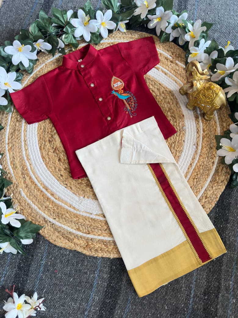 Maroon Onam Wear Kids Shirt Mundu Set with Maggam Work Kid&