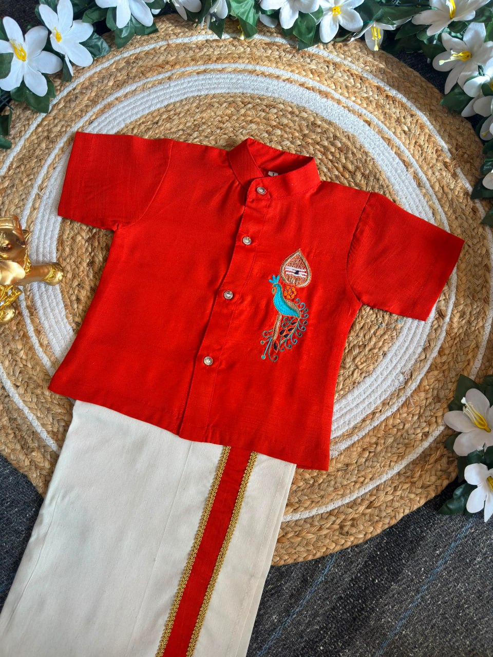Orange Onam Wear Kids Shirt Mundu Set with Maggam Work Kid&