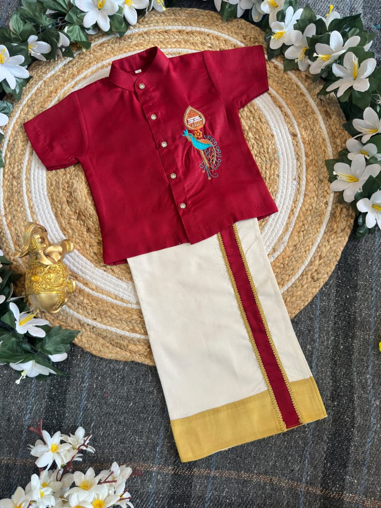 Maroon Onam Wear Kids Shirt Mundu Set with Maggam Work Kid&