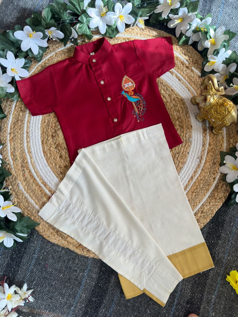 Maroon Onam Wear Kids Shirt Mundu Set with Maggam Work Kid&