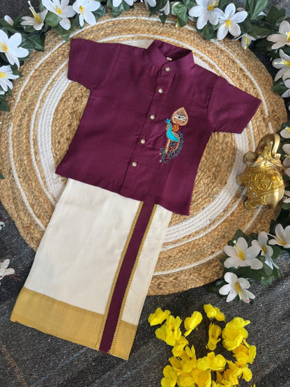 Purple Onam Wear Kids Shirt Mundu Set with Maggam Work Kid&