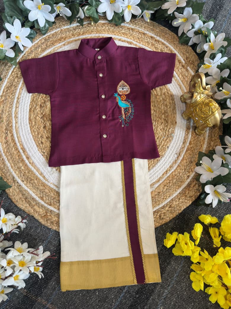 Purple Onam Wear Kids Shirt Mundu Set with Maggam Work Kid&