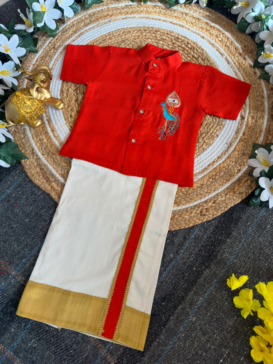 Orange Onam Wear Kids Shirt Mundu Set with Maggam Work Kid&