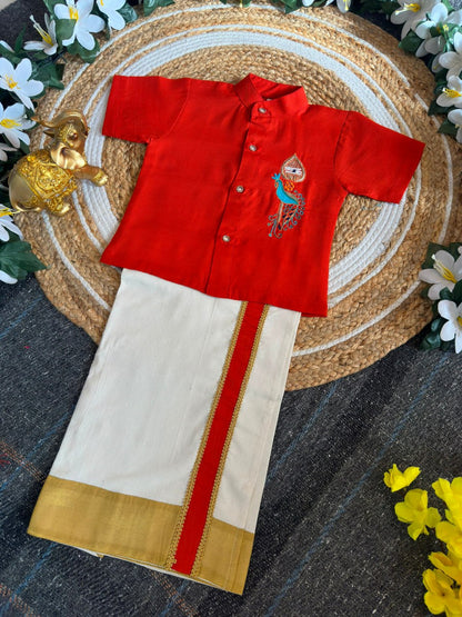 Orange Onam Wear Kids Shirt Mundu Set with Maggam Work Kid&