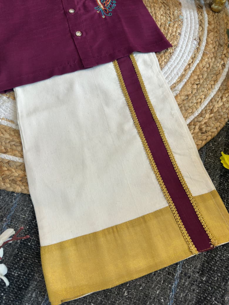 Purple Onam Wear Kids Shirt Mundu Set with Maggam Work Kid&