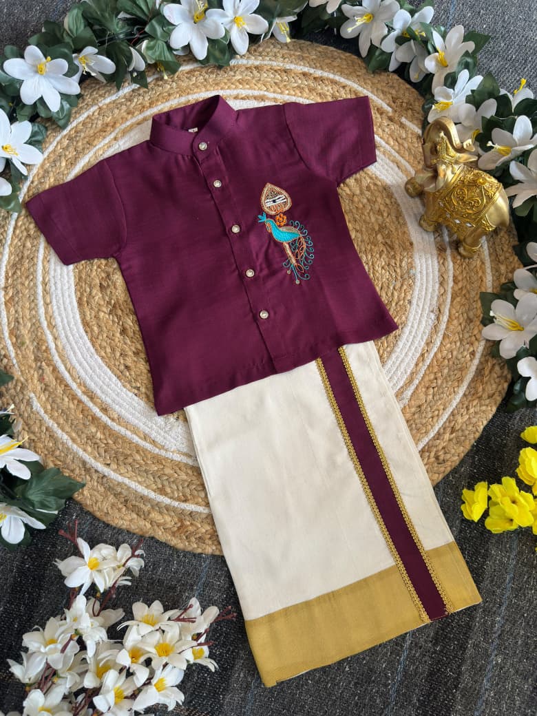 Purple Onam Wear Kids Shirt Mundu Set with Maggam Work Kid&
