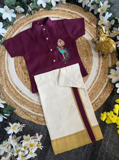Purple Onam Wear Kids Shirt Mundu Set with Maggam Work Kid&