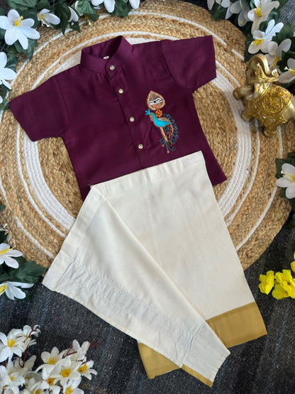 Purple Onam Wear Kids Shirt Mundu Set with Maggam Work Kid&