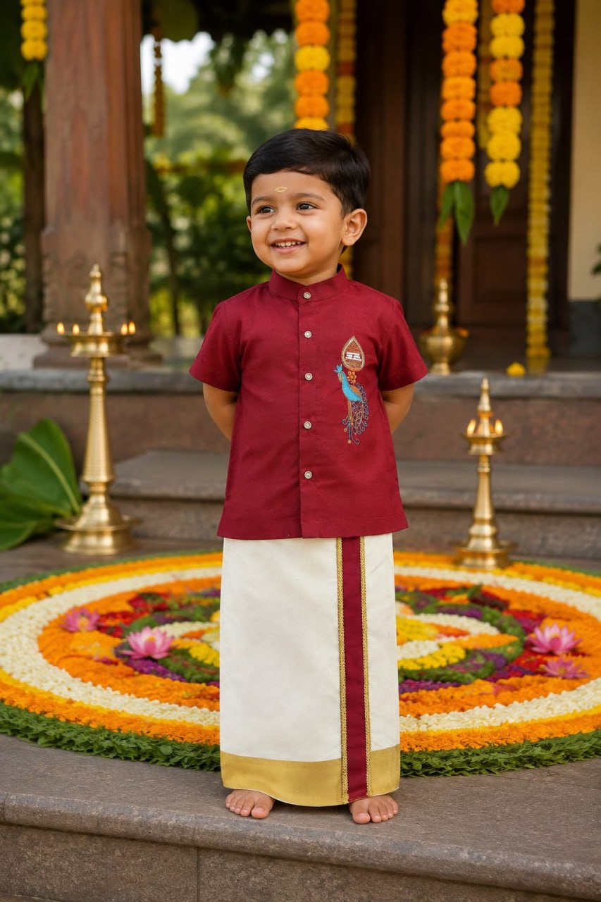 Maroon Onam Wear Kids Shirt Mundu Set with Maggam Work Kid&