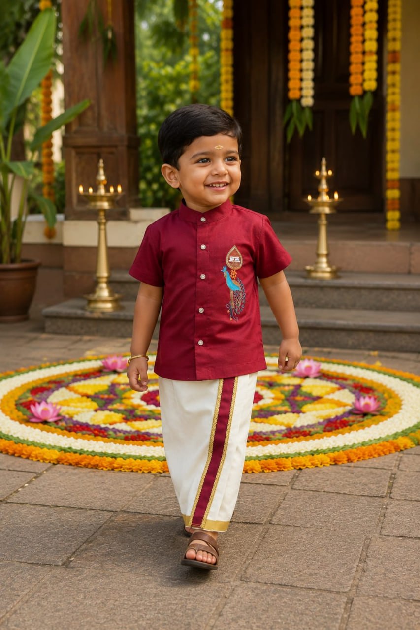 Maroon Onam Wear Kids Shirt Mundu Set with Maggam Work Kid&