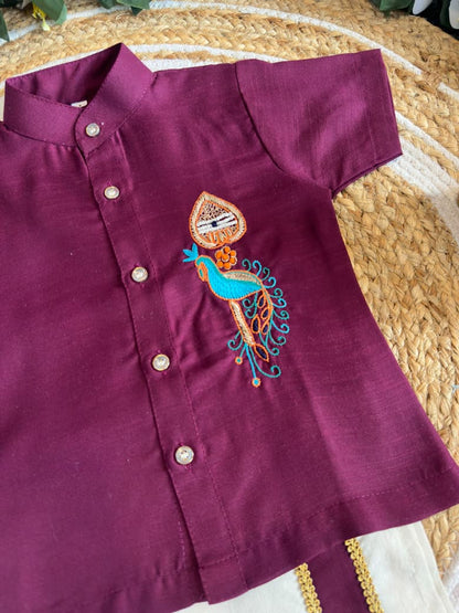 Purple Onam Wear Kids Shirt Mundu Set with Maggam Work Kid&