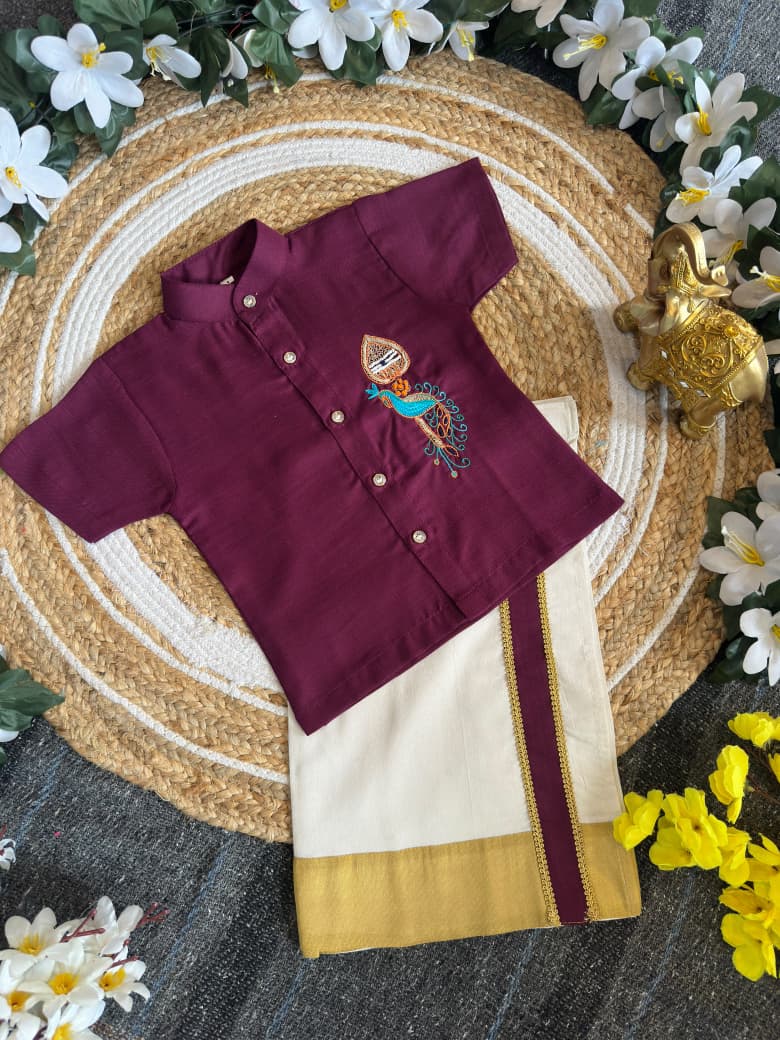Purple Onam Wear Kids Shirt Mundu Set with Maggam Work Kid&