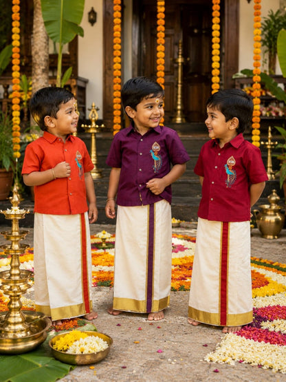 Purple Onam Wear Kids Shirt Mundu Set with Maggam Work Kid&