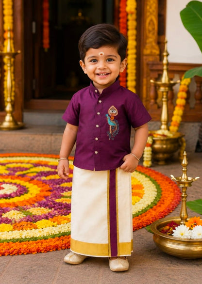 Purple Onam Wear Kids Shirt Mundu Set with Maggam Work Kid&