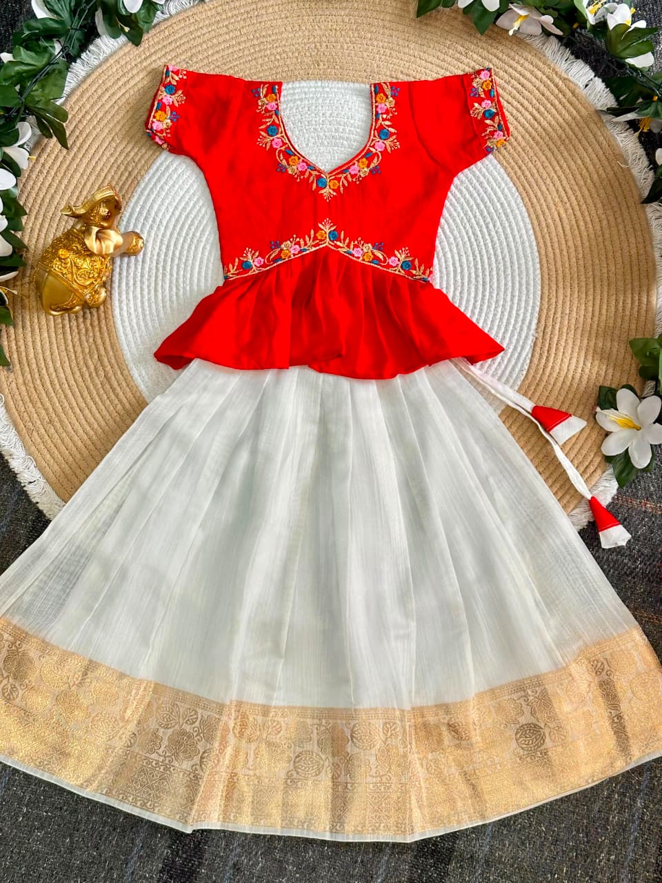 Pink Pure Chinnon Silk Floral Embroidery Work Kids Lehenga Choli