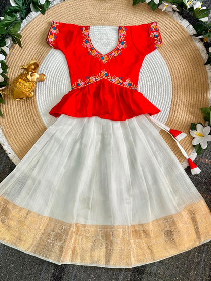 Pink Pure Chinnon Silk Floral Embroidery Work Kids Lehenga Choli