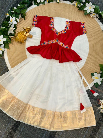 Red Pure Chinnon Silk Floral Embroidery Work Kids Lehenga Choli