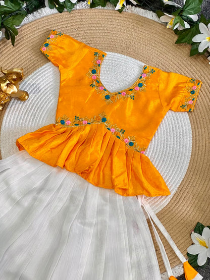 Yellow Pure Chinnon Silk Floral Embroidery Work Kids Lehenga Choli