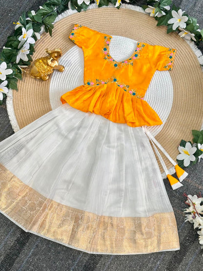 Yellow Pure Chinnon Silk Floral Embroidery Work Kids Lehenga Choli