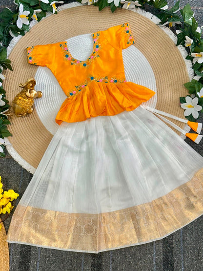 Yellow Pure Chinnon Silk Floral Embroidery Work Kids Lehenga Choli