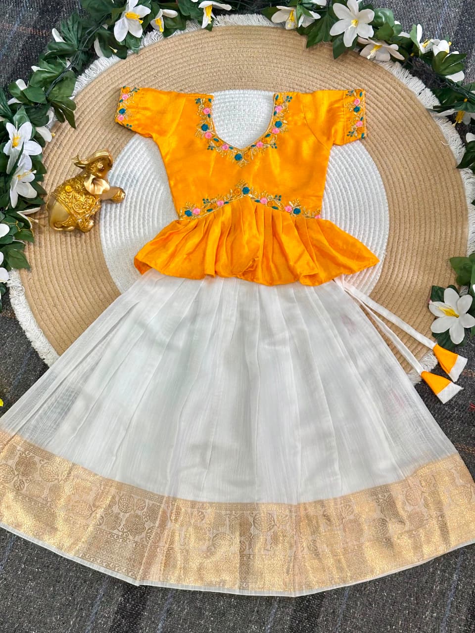 Yellow Pure Chinnon Silk Floral Embroidery Work Kids Lehenga Choli