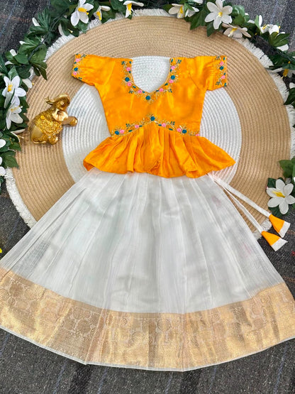 Yellow Pure Chinnon Silk Floral Embroidery Work Kids Lehenga Choli
