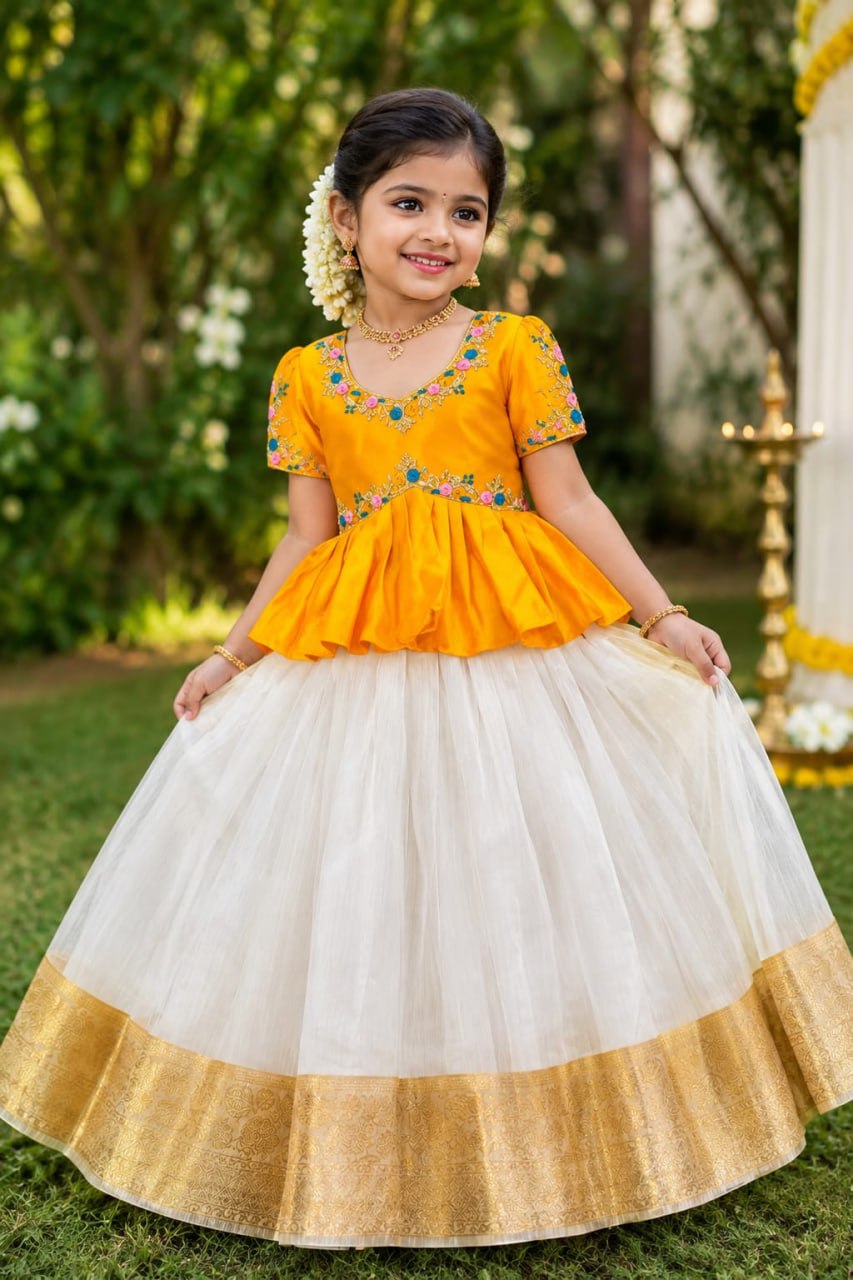 Yellow Pure Chinnon Silk Floral Embroidery Work Kids Lehenga Choli