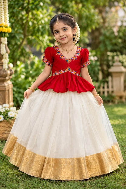 Red Pure Chinnon Silk Floral Embroidery Work Kids Lehenga Choli