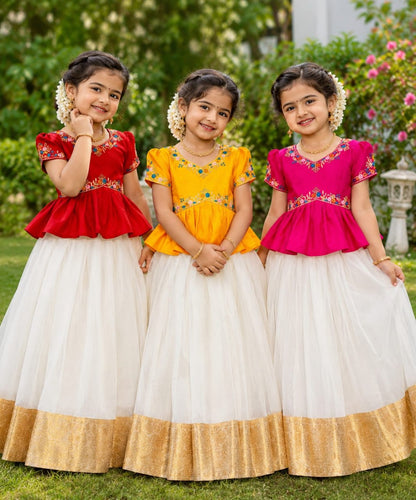 Yellow Pure Chinnon Silk Floral Embroidery Work Kids Lehenga Choli