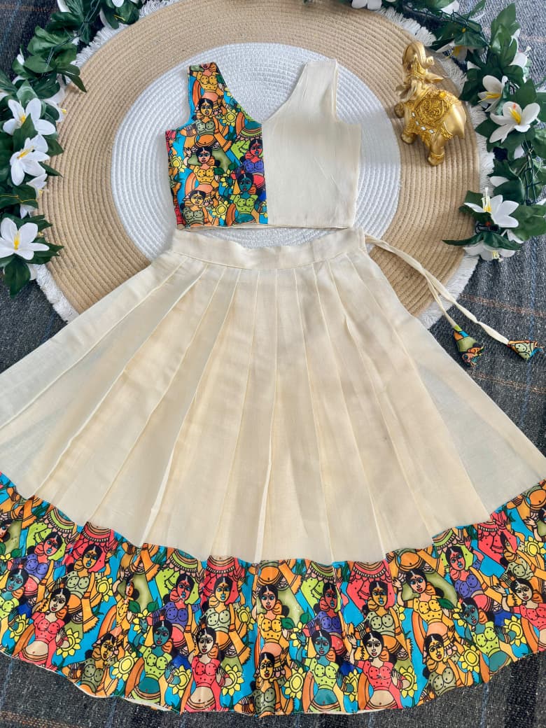 Cream Pure Premium Silk Traditional Kerala Kathakali Digital Print Kids Lehenga Choli