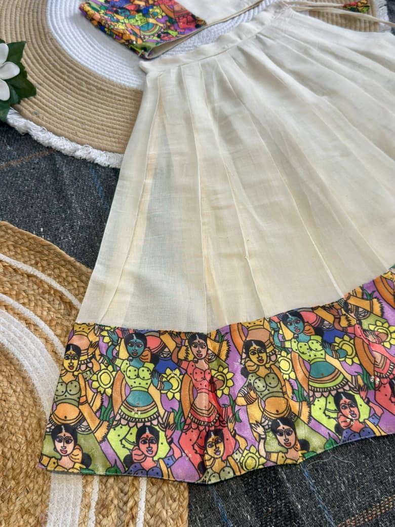 Cream Pure Premium Silk Traditional Kerala Kathakali Digital Print Kids Lehenga Choli