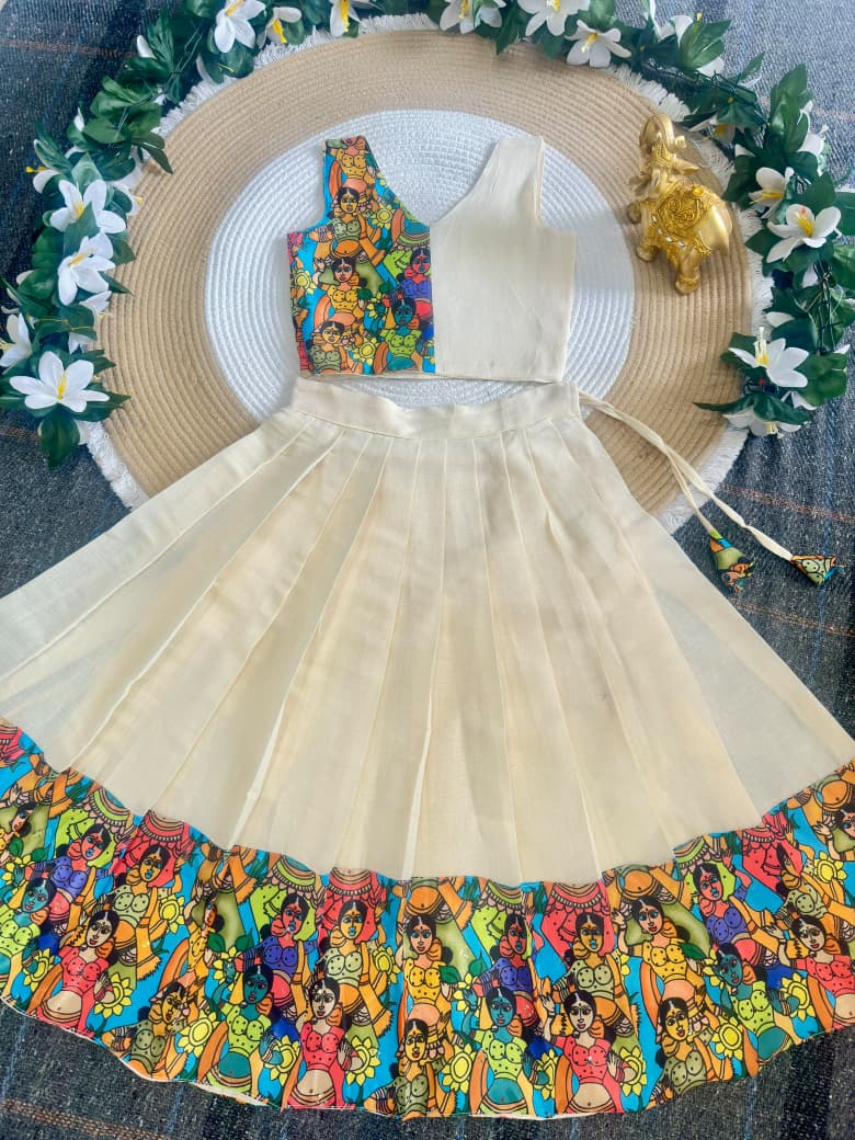 Cream Pure Premium Silk Traditional Kerala Kathakali Digital Print Kids Lehenga Choli
