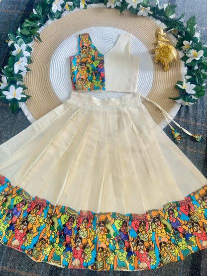 Cream Pure Premium Silk Traditional Kerala Kathakali Digital Print Kids Lehenga Choli
