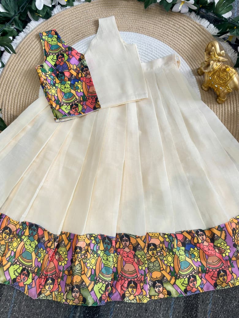 Cream Pure Premium Silk Traditional Kerala Kathakali Digital Print Kids Lehenga Choli