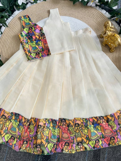 Cream Pure Premium Silk Traditional Kerala Kathakali Digital Print Kids Lehenga Choli