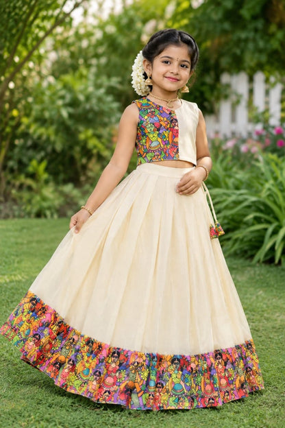 Cream Pure Premium Silk Traditional Kerala Kathakali Digital Print Kids Lehenga Choli