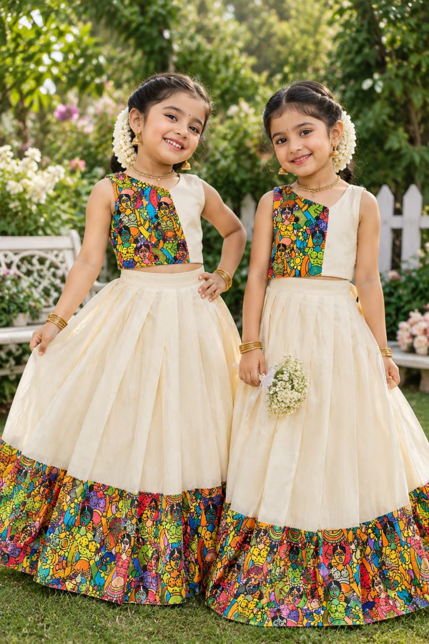 Cream Pure Premium Silk Traditional Kerala Kathakali Digital Print Kids Lehenga Choli