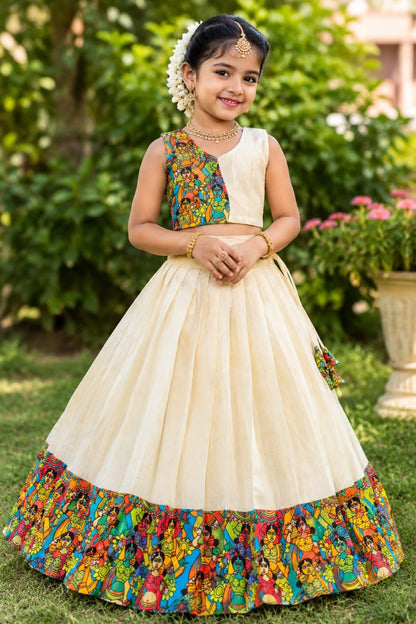Cream Pure Premium Silk Traditional Kerala Kathakali Digital Print Kids Lehenga Choli