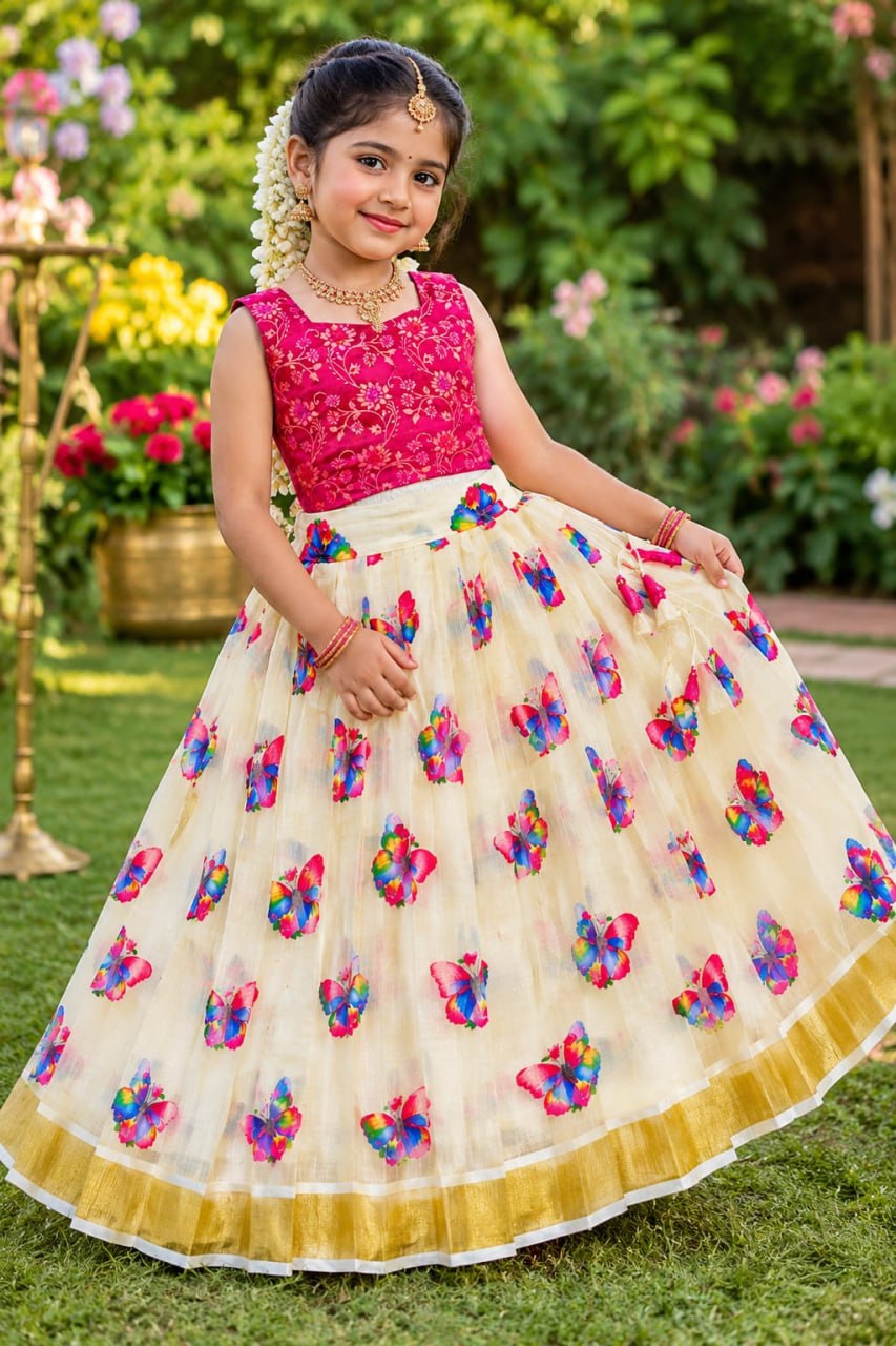 Pink Pure Lightweight Butterfly Blossom Kids Lehenga Choli
