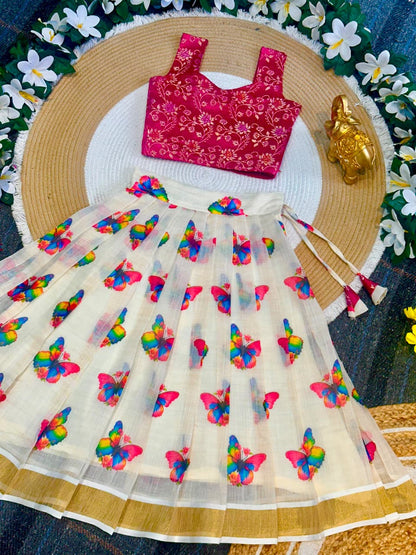 Pink Pure Lightweight Butterfly Blossom Kids Lehenga Choli