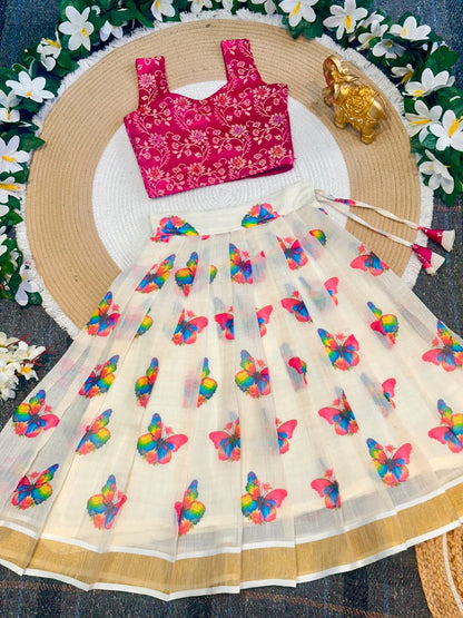 Pink Pure Lightweight Butterfly Blossom Kids Lehenga Choli