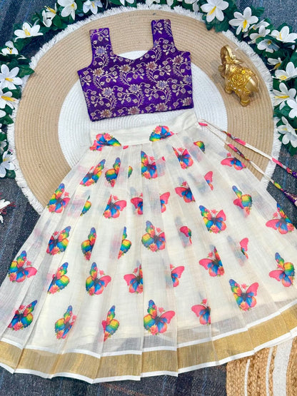 Purple Pure Lightweight Butterfly Blossom Kids Lehenga Choli