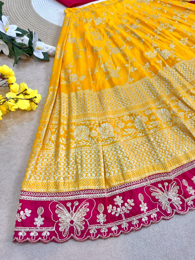 Yellow Pure Premium Dola Silk Elegant Floral Zari Work Kids Lehenga Choli