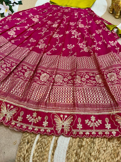 Rani Pure Premium Dola Silk Elegant Floral Zari Work Kids Lehenga Choli