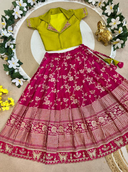 Rani Pure Premium Dola Silk Elegant Floral Zari Work Kids Lehenga Choli