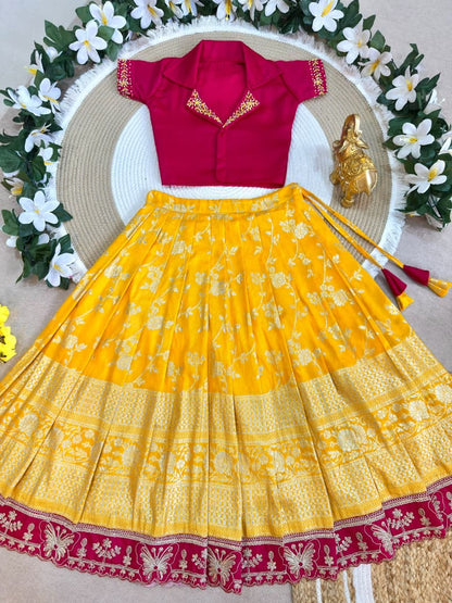Yellow Pure Premium Dola Silk Elegant Floral Zari Work Kids Lehenga Choli