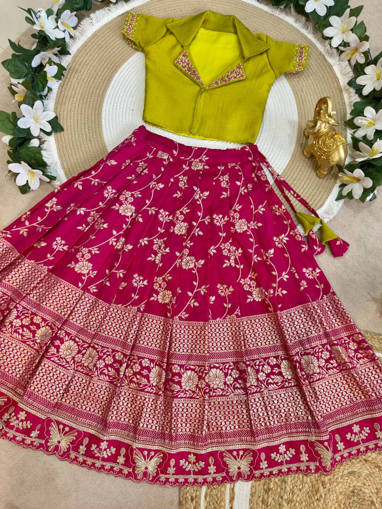 Rani Pure Premium Dola Silk Elegant Floral Zari Work Kids Lehenga Choli