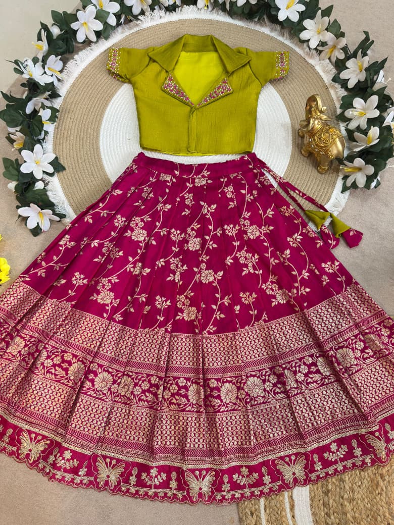 Rani Pure Premium Dola Silk Elegant Floral Zari Work Kids Lehenga Choli