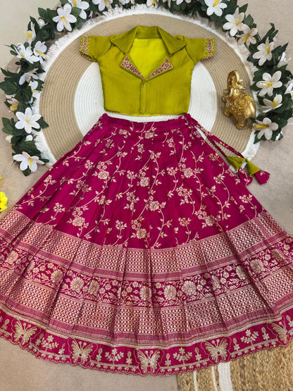 Rani Pure Premium Dola Silk Elegant Floral Zari Work Kids Lehenga Choli