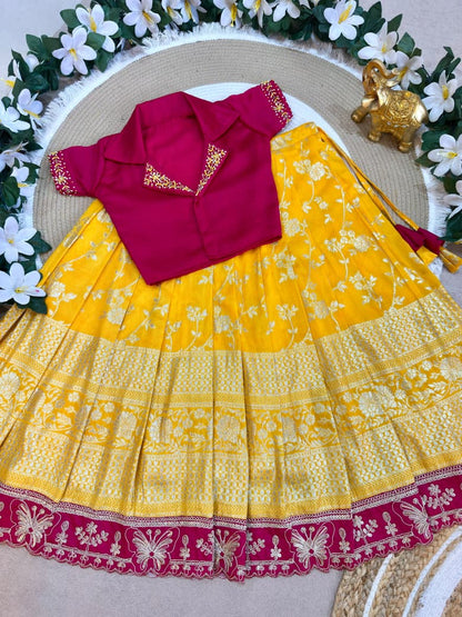 Yellow Pure Premium Dola Silk Elegant Floral Zari Work Kids Lehenga Choli